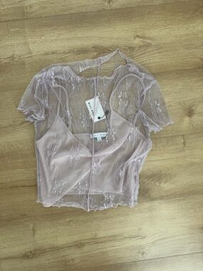 Mesh Lace Crop Top with Bralette Shirt - Blush